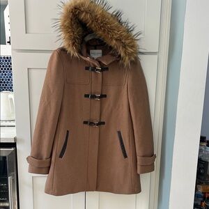 Cole Haan Women's Brown Toggle wool Coat with Faux Fur Hood